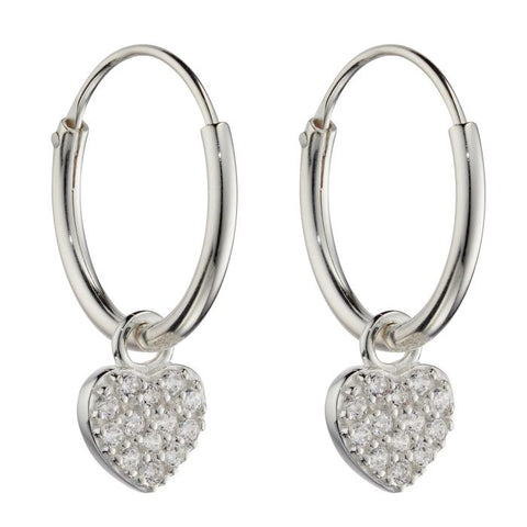 Silver and CZ Heart Hoop Earrings